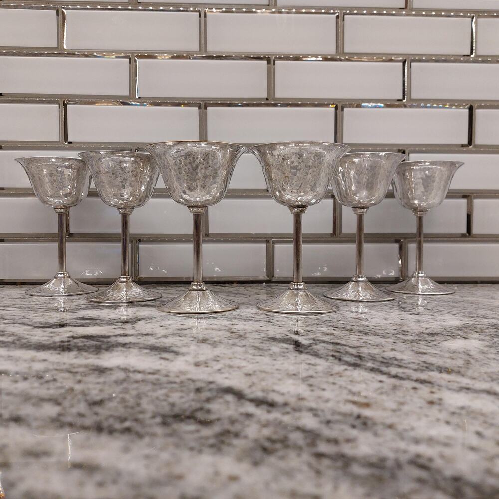 1920s Art Deco Silverplate Cocktail Cups, Hammered Set of 6
